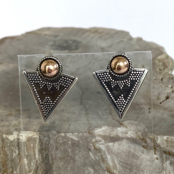 Sterling Silver 925 Gold Vermeil Bali Style Mixed Metal Triangle Stud Earrings - Picture 10 of 16